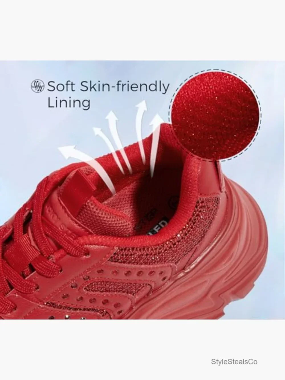 Rhinestone Chunky Platform Sneakers, 3.74 Inch Heel, Lace-Up Walking Shoes - Picture 4 of 7